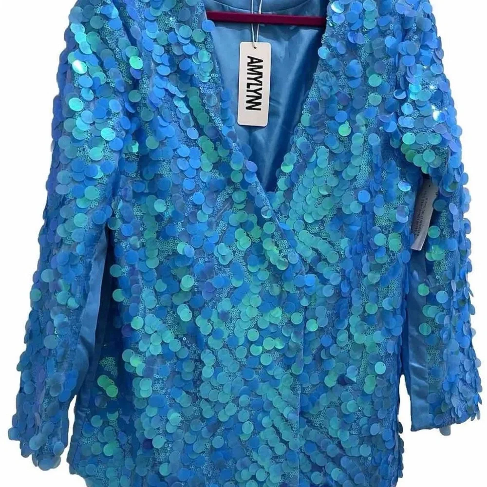 ASOS Iridescent Blue Sequin Long Sleeve Dress - Picture 5 of 5